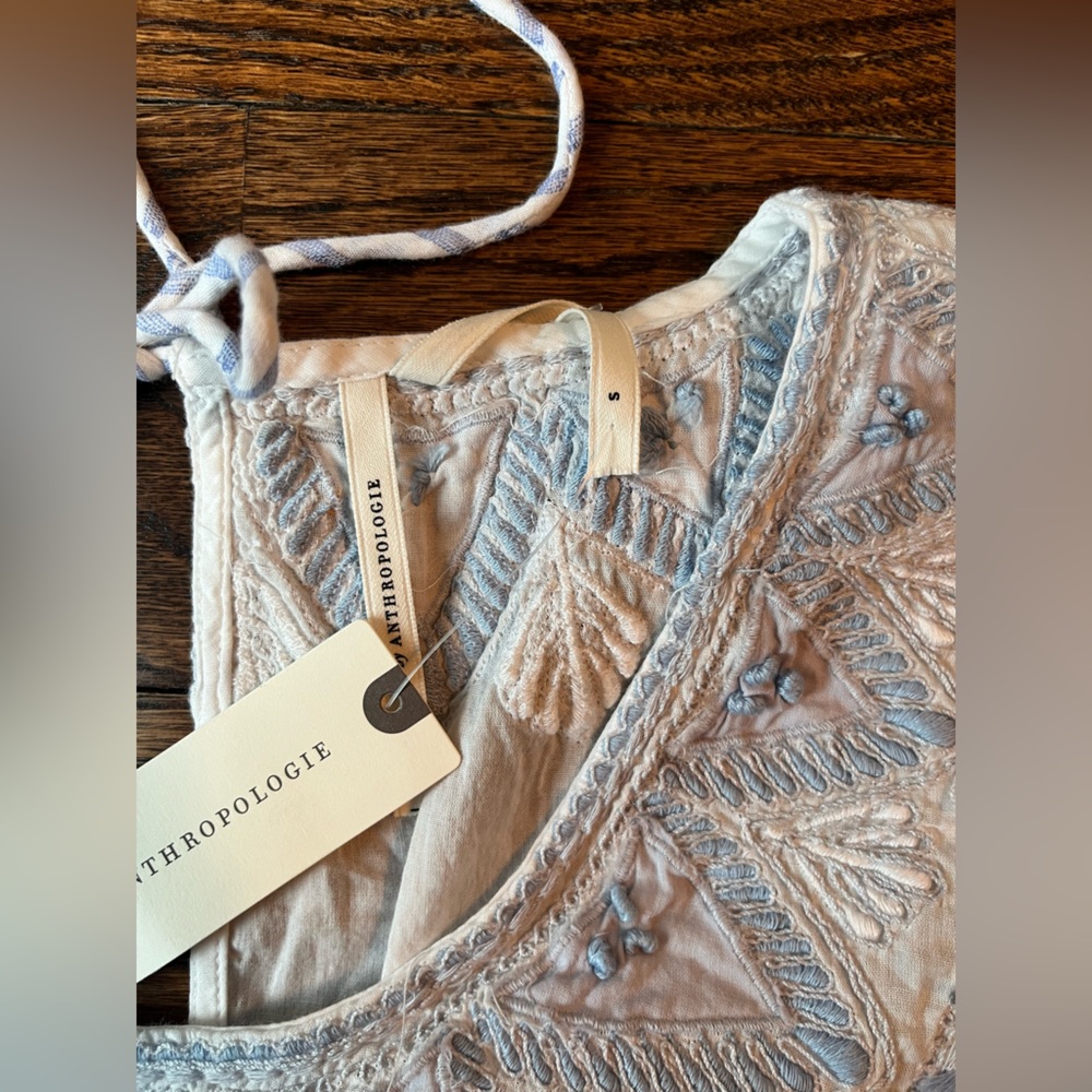 NWT Anthropologie Light Blue And White Striped Embroidered Flutter Sleeve Top - Picture 6 of 9